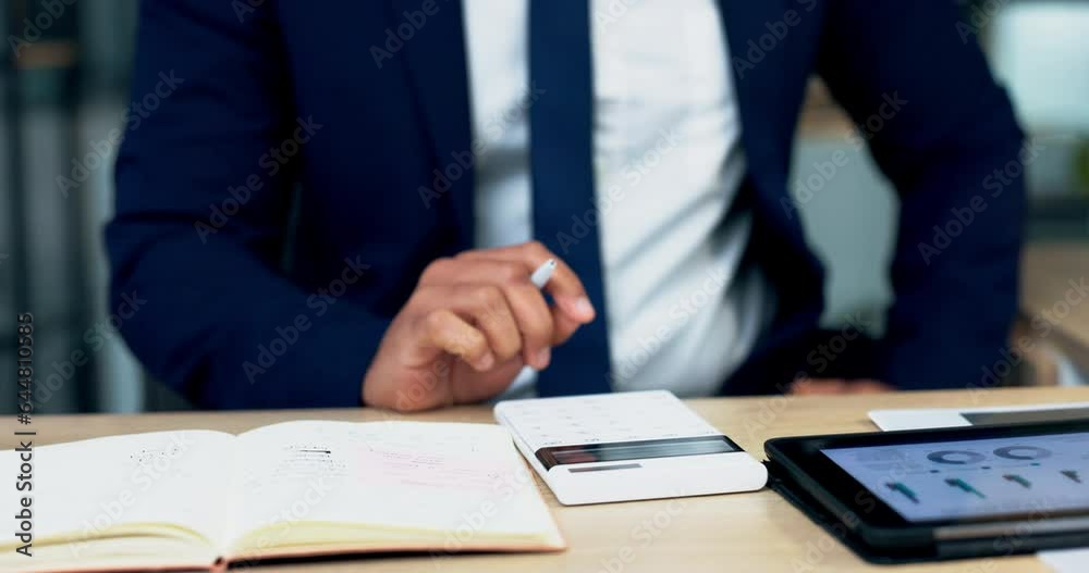 Hand, calculator and budget for man at desk, planning or balance books with tablet, click or writing for results. Businessman, accountant and audit with typing for financial review, goal or workplace Hand, calculator and budget for man at desk, planning or balance books with tablet, click or writing for results. Businessman, accountant and audit with typing for financial review, goal or workplace