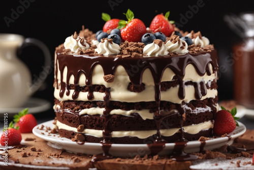 Chocolate cake with cream layers - with chocolate sauce, cream and all the toppings