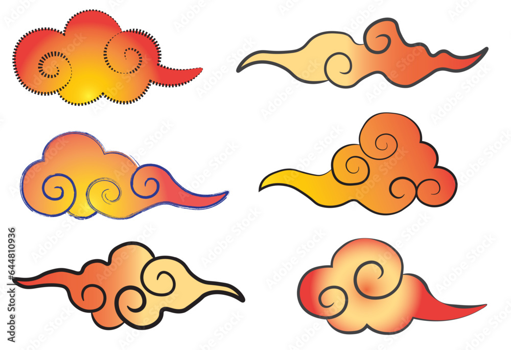 orange cloud chinese style traditional,Asian cloud set. Traditional cloudy ornaments in chinese