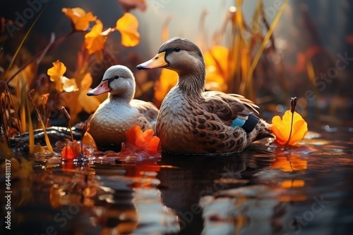 A couple of ducks sitting on top of a body of water. Fictional image. Autumn season, red leaves.