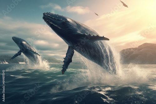 3D render of whales jumping out of the sea. Generative AI © Caelan