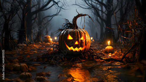  a creepy pumpkin in a dark forest (Generative AI)