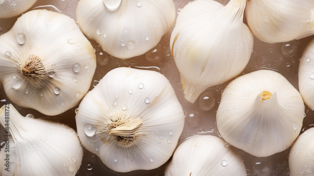 Fresh garlic with water drops background. Vegetables backdrop. Generative AI Fresh garlic with water drops background. Vegetables backdrop. Generative AI