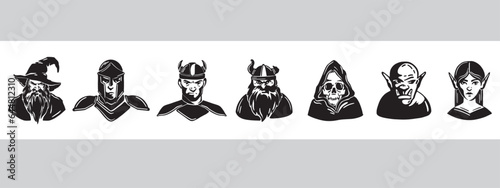 Fantasy character silhouette game avatar set, vector medieval RPG role classes icon, magic wizard. Female elf face, warrior knight fighter, troll, viking head, fairy tale orc, death. Fantasy character