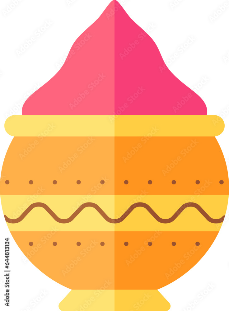 Clay Pot Full Of Powder (Gulal) Icon In Yellow And Pink Color.