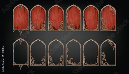 Game gothic window frame set, UI fantasy medieval RPG arch, vector wooden texture menu castle plank. Vintage architecture decorative panel kit, antique old church door. Gothic frame avatar app assets