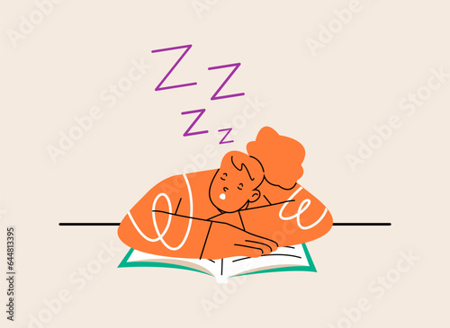 Young woman sleeping on book. Colorful vector illustration