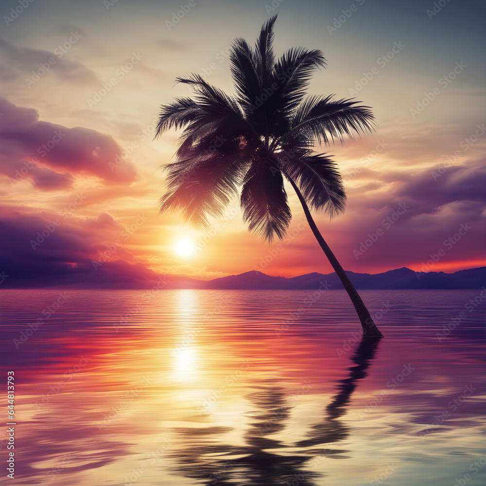 Beautiful sunset on the sea with palm tree, ocean, mountains and clouds