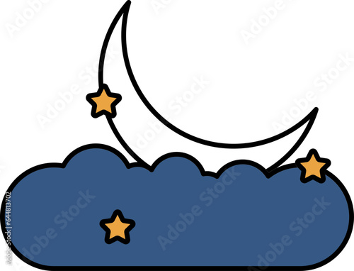 Crescent Moon With Stars And Cloud Icon In Yellow And Blue Color.
