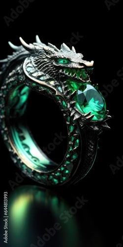 Emerald Dragon Ring Mystique Backdrop - Enchanted Serpent Gemstone Elegance Background - Stock Photo Mastery - Product Display with Empty Copy Space for Text created with Generative AI Technology