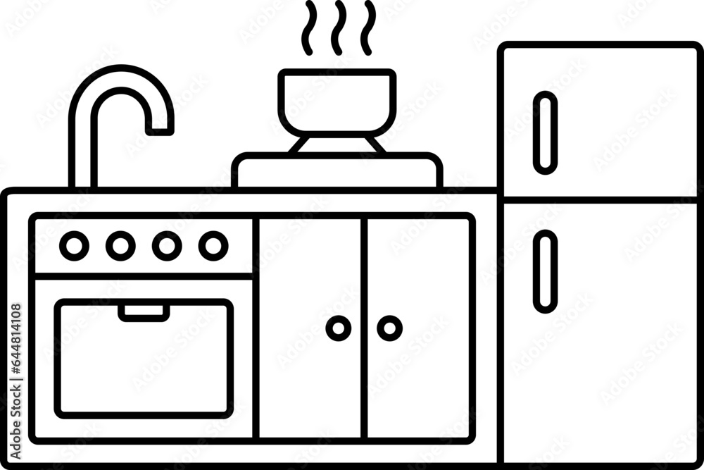 Illustration Of Kitchen Interior Icon In Stroke Style. Illustration Of Kitchen Interior Icon In Stroke Style.