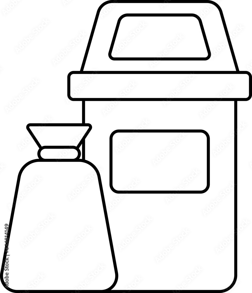 Dustbin And Garbage Bag Icon In Line Art.