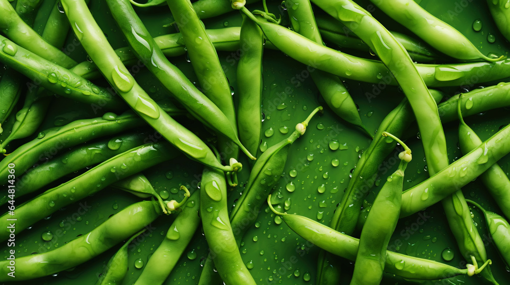 Fresh green beans with water drops background. Vegetables backdrop. Generative AI Fresh green beans with water drops background. Vegetables backdrop. Generative AI
