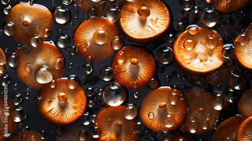 Fresh champignones mushrooms with water drops background. Vegetables backdrop. Generative AI photo