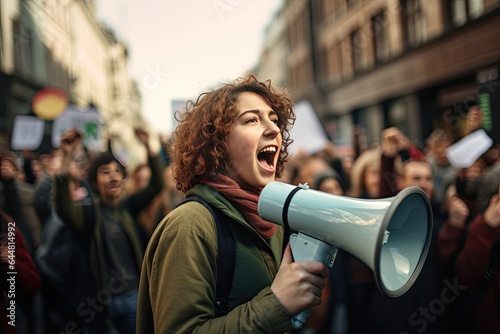 A young woman is chanting her demands through a megaphone during a demonstration. Close-up portrait of a radicalized young caucasian woman. In the background, a crowd of demonstrators.