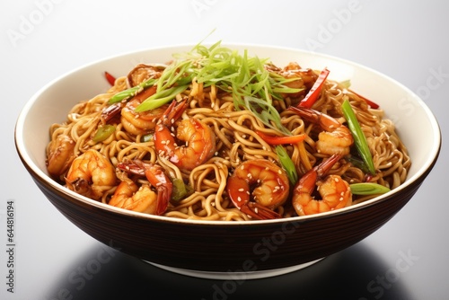 A bowl of noodles with shrimp and vegetables. Fictional image. Tasty Lo Mein dish.