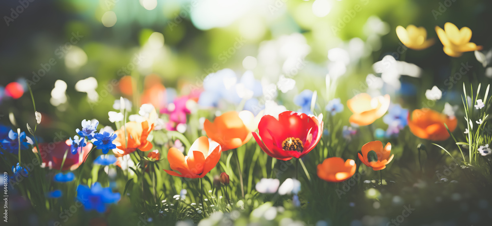 Beautiful various colorful spring flower in green garden.nature and  environment background.panoramic banner
