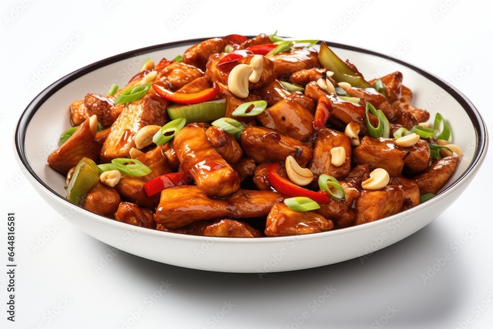 A white bowl filled with meat and vegetables. Fictional image. Kung Pao chicken dish. A white bowl filled with meat and vegetables. Fictional image. Kung Pao chicken dish.
