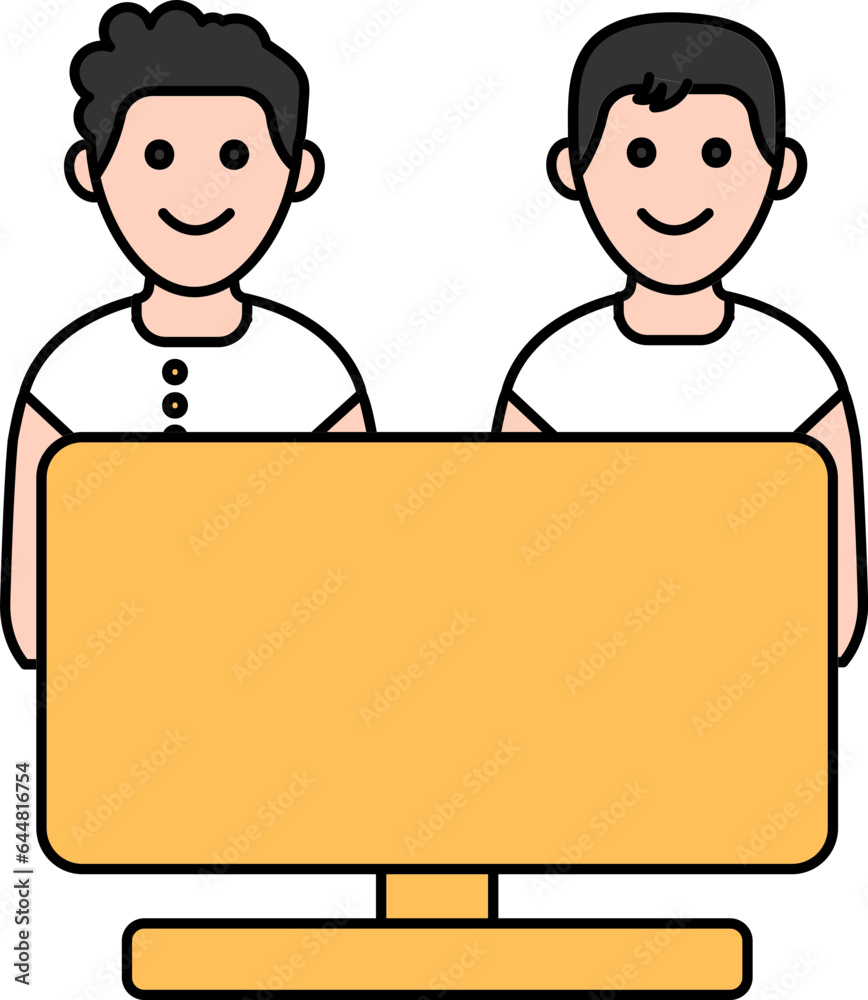 Happy Young Two Boys With Desktop Yellow And White Icon. Happy Young Two Boys With Desktop Yellow And White Icon.