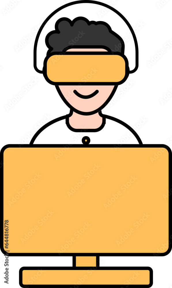 Yellow And White Vr Glasses Wearing Young Boy With Monitor Flat Icon.
