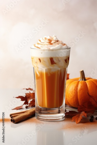A cup of coffee with whipped cream and cinnamon. Fictional image. A pumpkin spice latte.