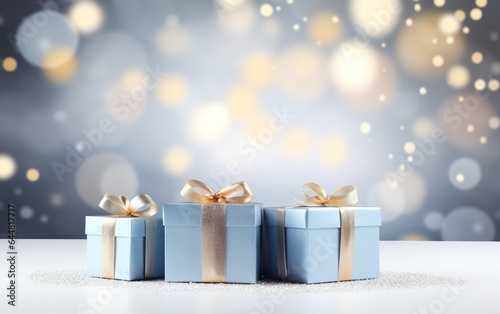 Blue gift boxes with golden ribbon bow tag over blurred bokeh background with lights. Christmas decor. Greeting festive image. Copy space © lanters_fla