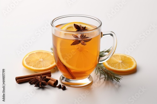 A cup of tea with orange slices, cinnamon, and anise. Fictional image.