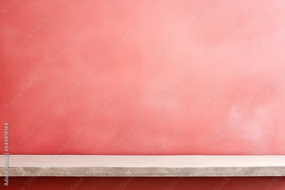 Universal minimalist background for product presentation. White empty shelf on a red wall