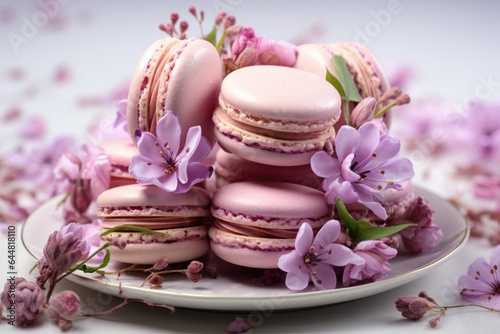 A plate of pink macarons and purple flowers. Fictional image. photo