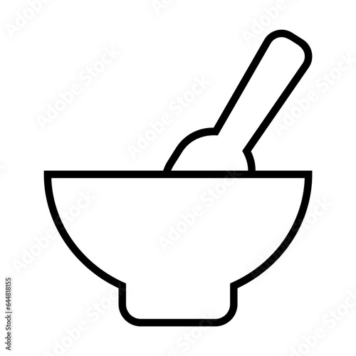 Bowl with spoon for feeding newborn with porridge isolated on white. Childhood, motherhood and newborn care. Childcare pictogram symbol. Simple thin line black and white vector icon