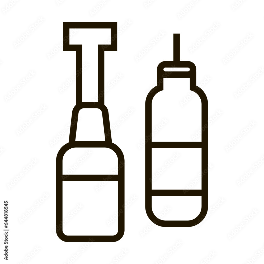 Bottle of ketchup and mustard with dispenser isolated on white. Condiment. Cooking food pictogram symbol. Simple thin line black and white vector icon Bottle of ketchup and mustard with dispenser isolated on white. Condiment. Cooking food pictogram symbol. Simple thin line black and white vector icon