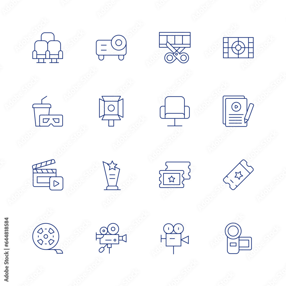 Cinema line icon set on transparent background with editable stroke. Containing chair, cinema, clapperboard, film strip, projector, spotlight, trophy, video camera, photographic film, seat, tickets.