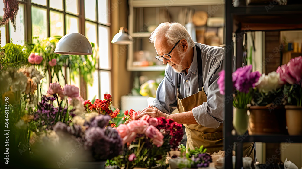 senior  flower shop worker providing assistance and guidance to a customer.