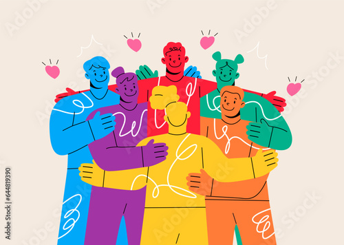 Group of people hug cuddle show unity and bonding. Friendship, support concept. Colorful vector illustration