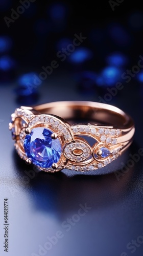 A Sapphire Ring - Timeless Sapphire Timepiece Presentation - Radiating Gemstone Beauty in Ring Design Background - Product Backdrop with empty copy space for text created with Generative AI Technology