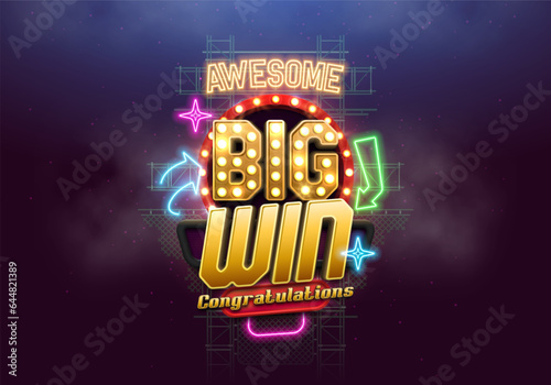 Shining sign Big Win with retro neon billboard. Vector illustration.