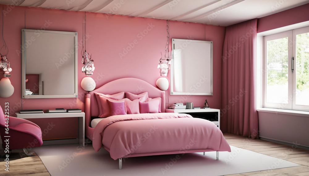 Pink bedroom interior with bed