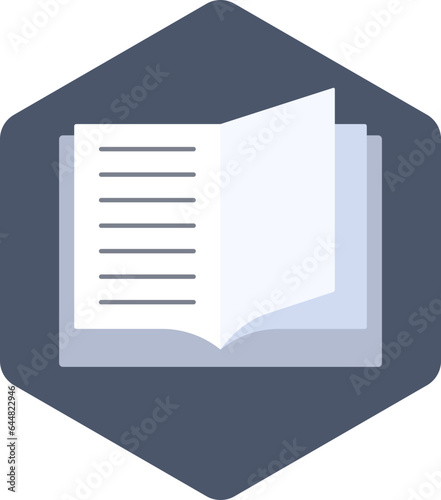 White Open Book Icon On Blue Hexagonal Shape.