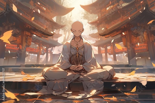 bald monk in meditaion, monastery in background, illustration, anime style, generative ai