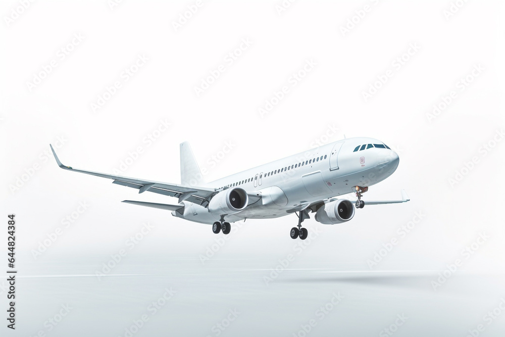 A white plane soars through the air against a pristine white backdrop, portrayed in a minimalistic yet hyper-realistic style. Generative AI. A white plane soars through the air against a pristine white backdrop, portrayed in a minimalistic yet hyper-realistic style. Generative AI.