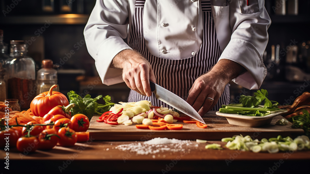 A snapshot of a chef hands in action, chopping, slicing, and preparing ingredients A snapshot of a chef hands in action, chopping, slicing, and preparing ingredients