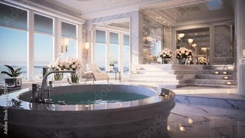 A shot of a lavish bathroom with marble surfaces, Jacuzzi, and modern fixtures