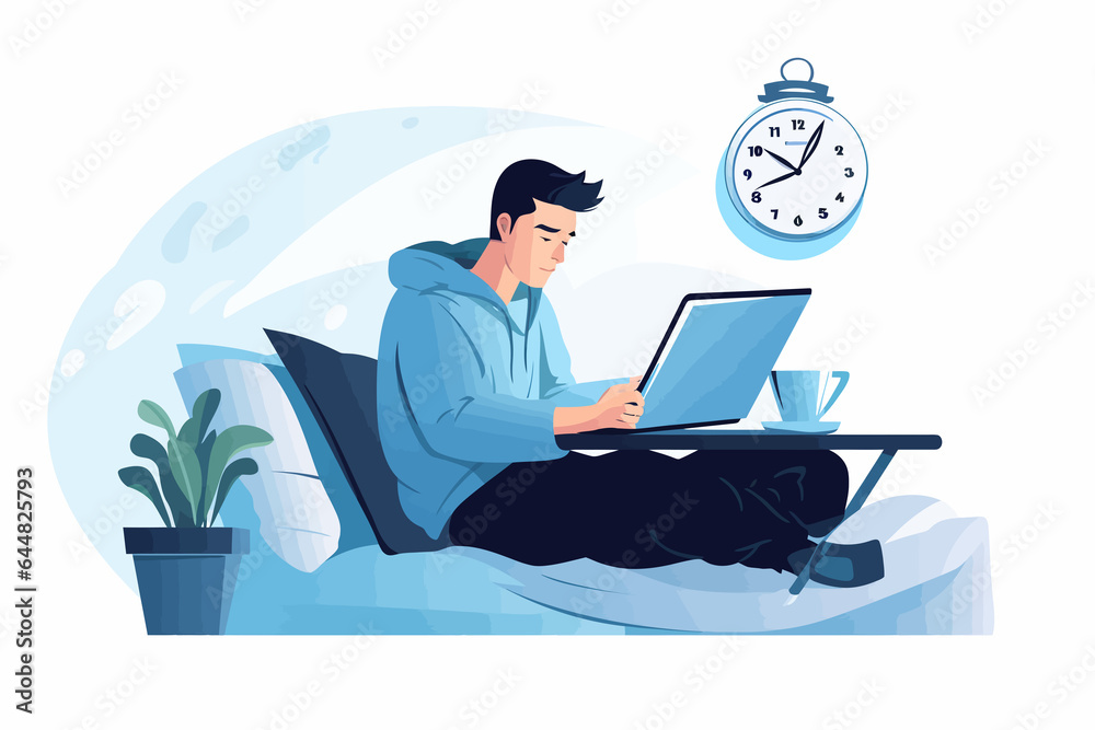 person in bed working on laptop vector flat isolated illustration person in bed working on laptop vector flat isolated illustration