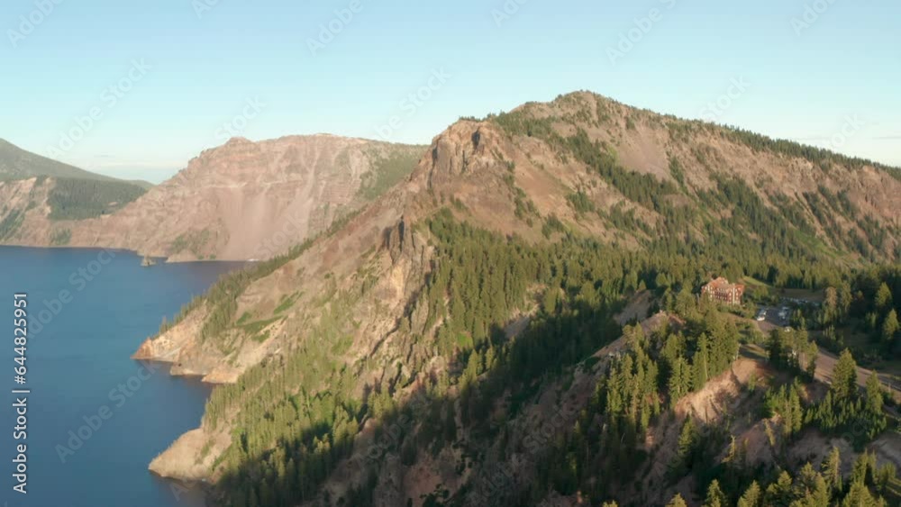 Circling aerial shot over Rim village Crater lake Oregon Circling aerial shot over Rim village Crater lake Oregon