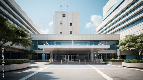the exterior facade and main entrance of the hospital building