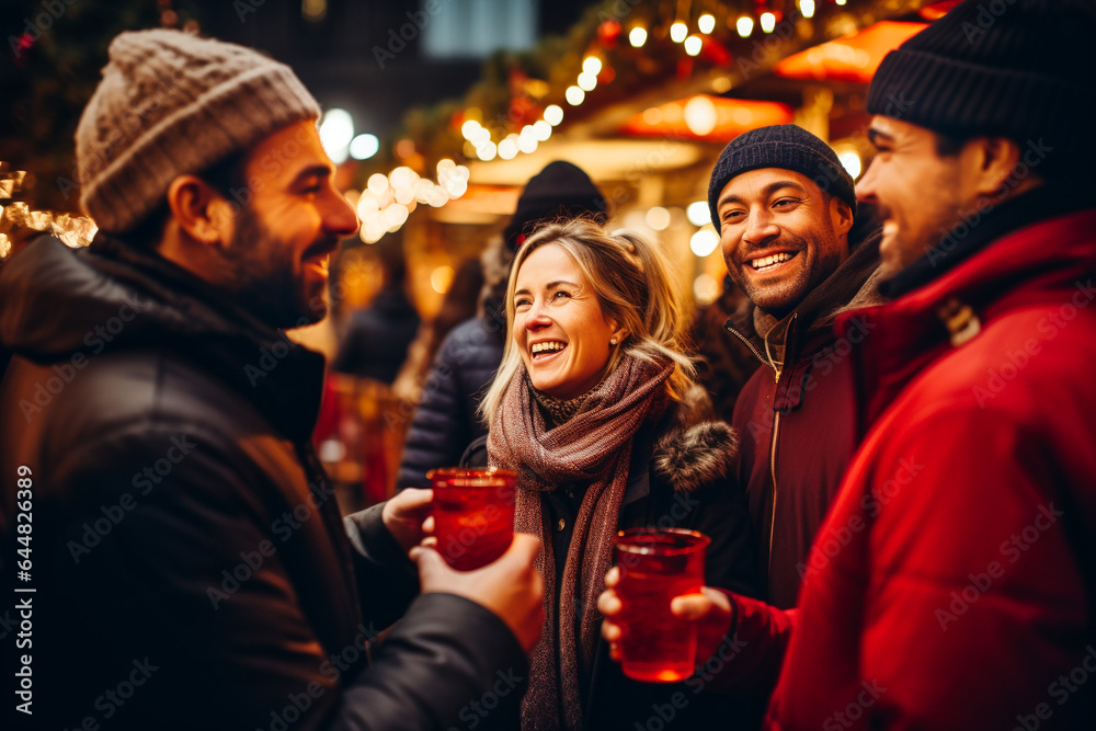 A group of people standing at a Christmas market and drinking mulled wine, Christmas party. AI generative.