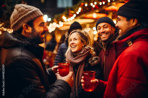 A group of people standing at a Christmas market and drinking mulled wine, Christmas party. AI generative.