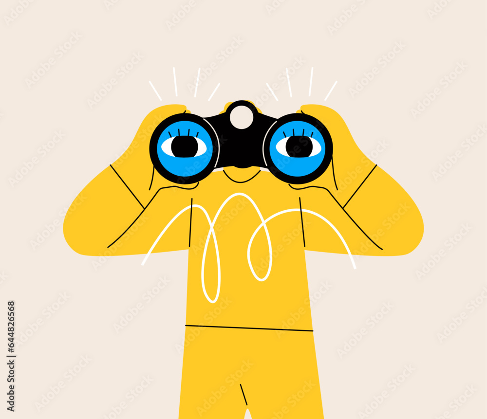 Fototapeta premium Curious man holding binoculars in hand and looking far away. Search Concept. Colorful vector illustration