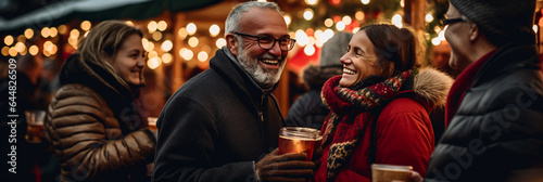 A group of people standing at a Christmas market and drinking mulled wine, Christmas party. AI generative. © Dar1930