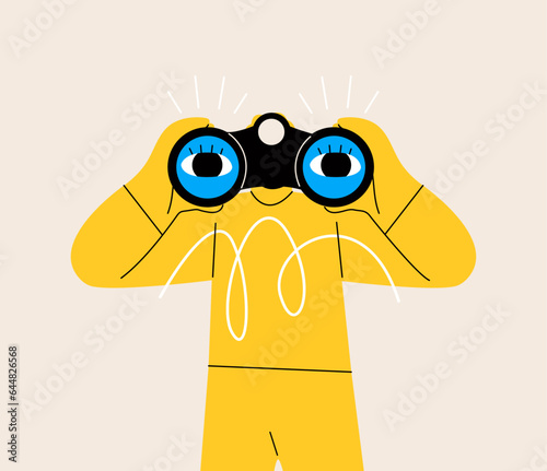Curious man holding binoculars in hand and looking far away. Search Concept. Colorful vector illustration